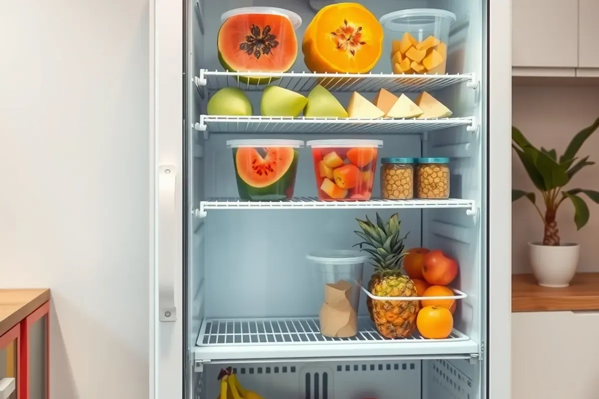 Refrigerated fruit vending machine with containers of cut papaya and watermelon plus whole pineapple, apples and oranges in an Indian office pantry