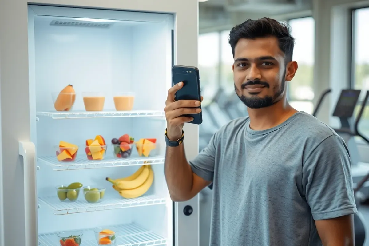 Indian gym member holding a smartphone to pay at a chilled fruit vending machine stocked with cut fruit cups and bananas