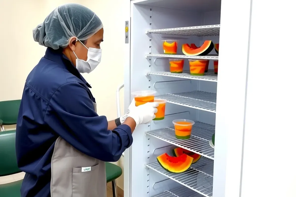 Indian service worker in gloves and hairnet restocking a refrigerated fruit vending machine with sealed cut fruit cups in a hospital