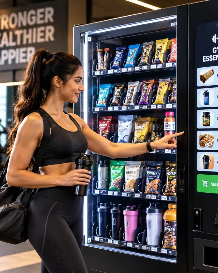 A woman at the gym chooses a snack from a smart vending machine stocked with protein bars, shakes and bottles.