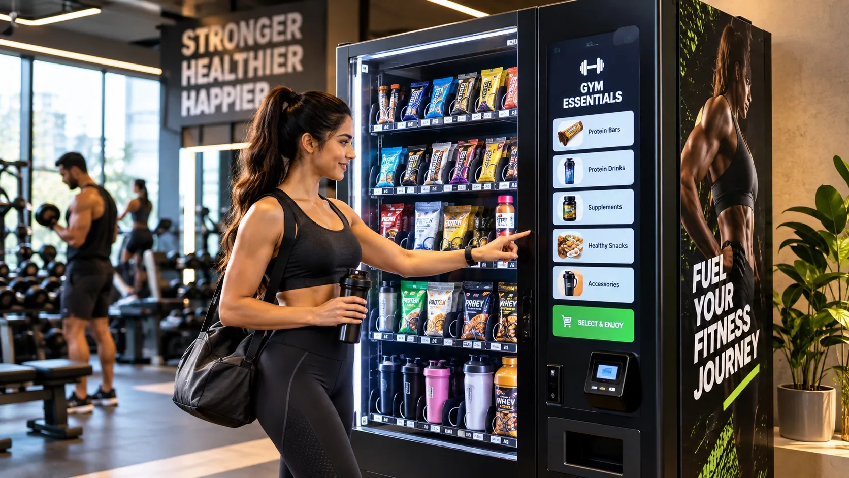 A woman at the gym chooses a snack from a smart vending machine stocked with protein bars, shakes and bottles.