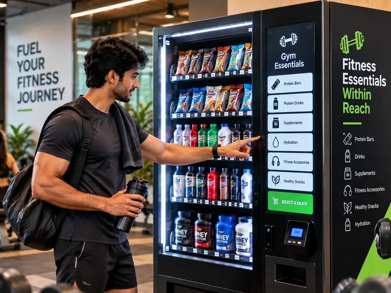 A man in workout clothes selects a protein product from a gym-essentials vending machine beside the weights area.