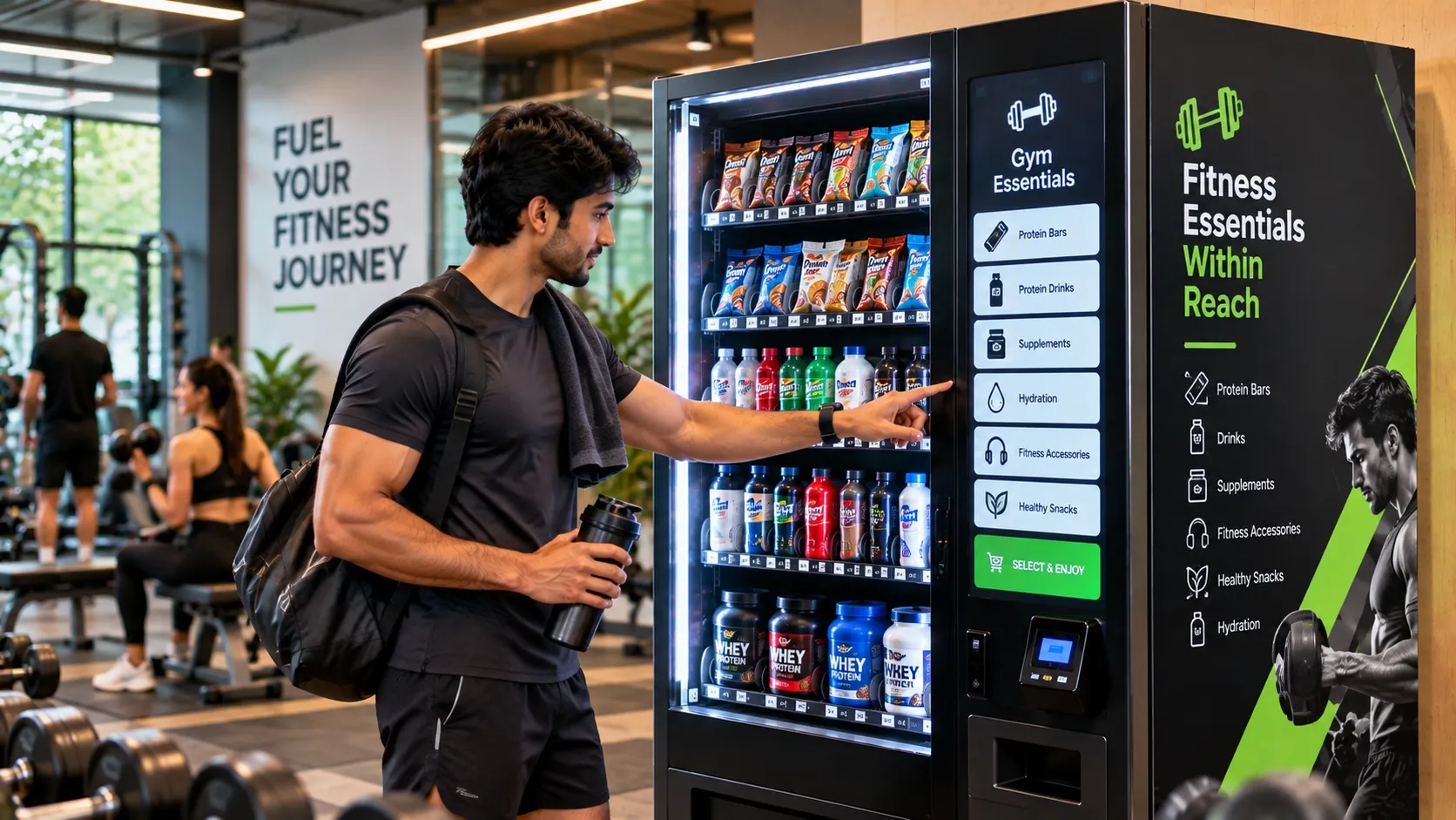A man in workout clothes selects a protein product from a gym-essentials vending machine beside the weights area.
