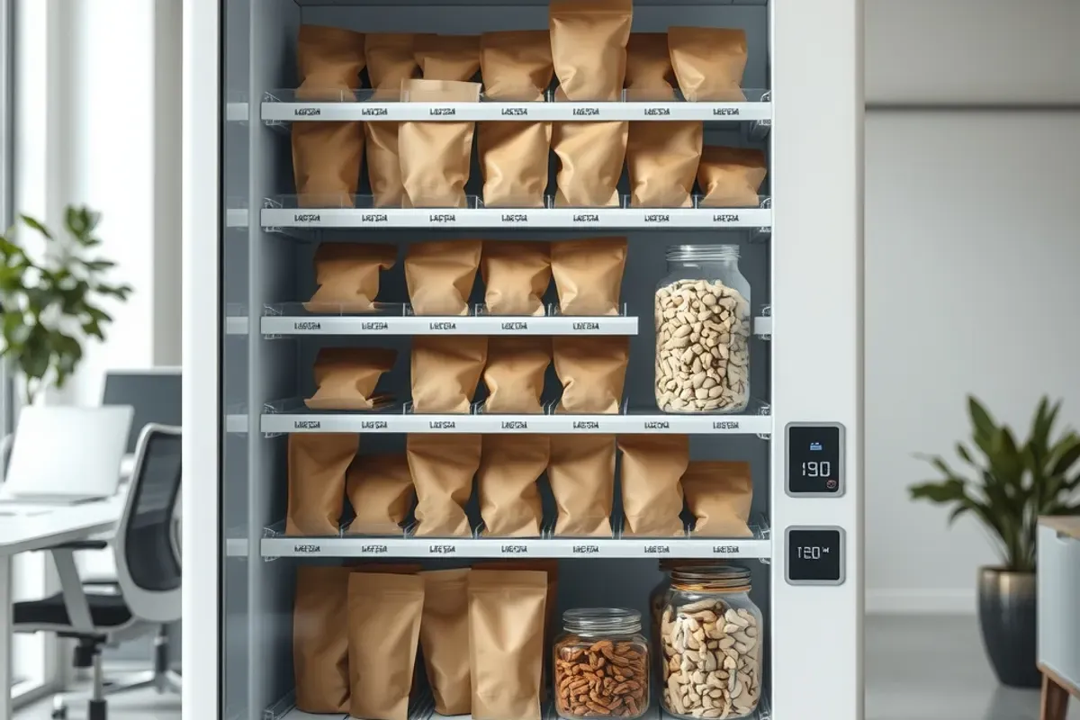 Healthy food vending machine with snack pouches and jars of nuts in an Indian office pantry