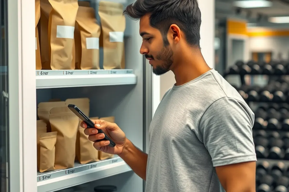 Gym member paying by phone at a healthy snack vending machine in an Indian gym