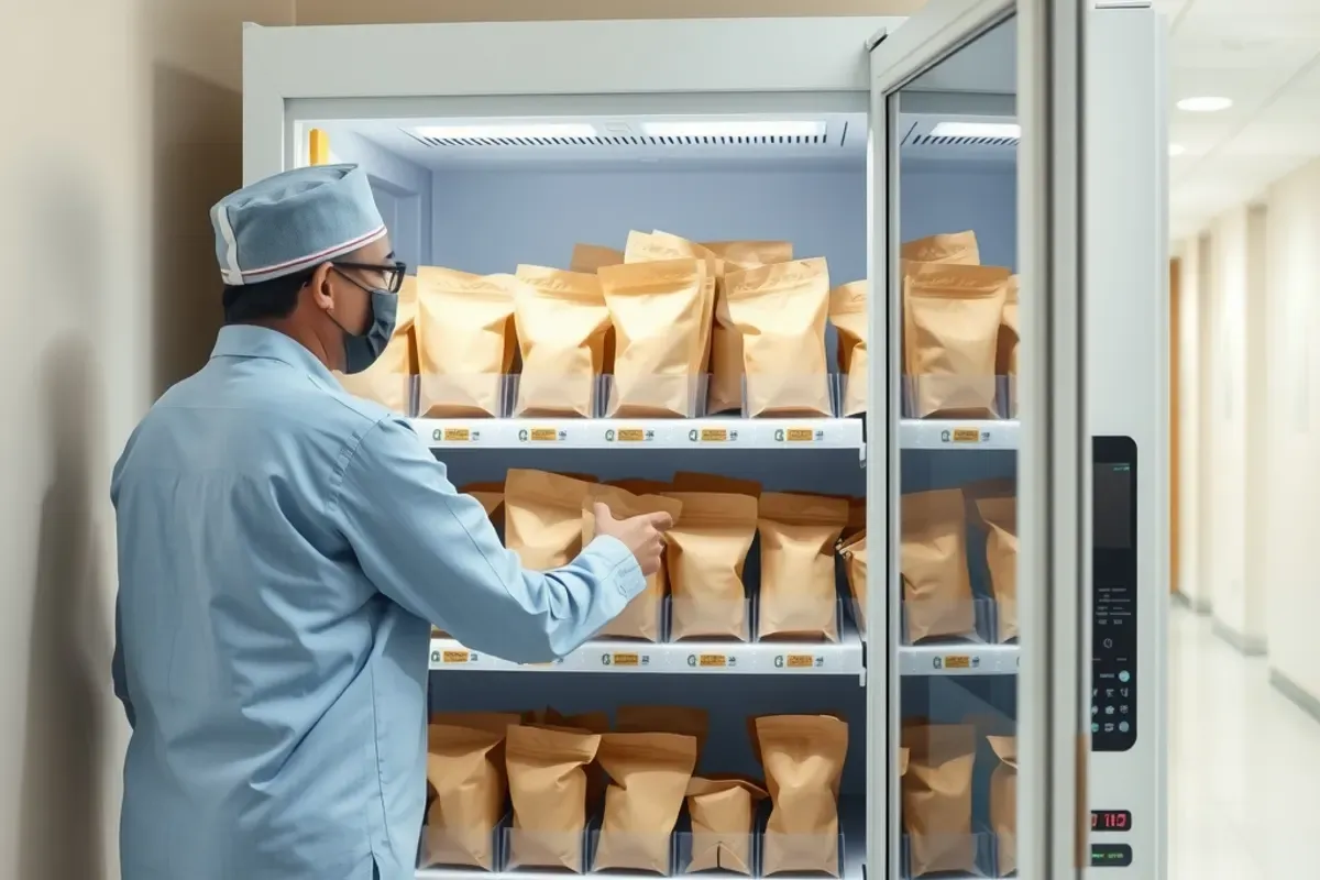Staff member restocking a healthy food vending machine with snack pouches in an Indian hospital corridor