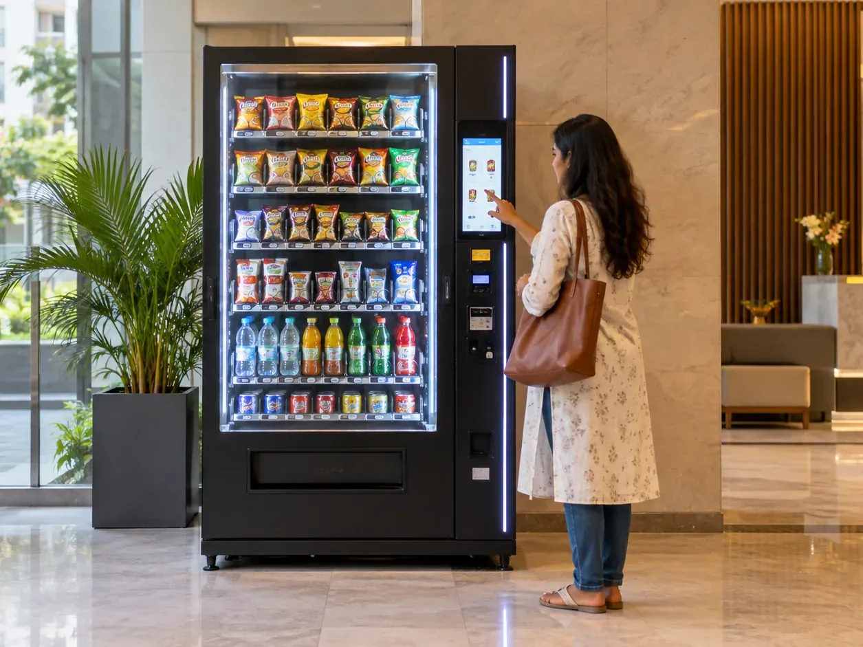 A woman uses the touchscreen of a black snack-and-drink vending machine in a bright hotel lobby.