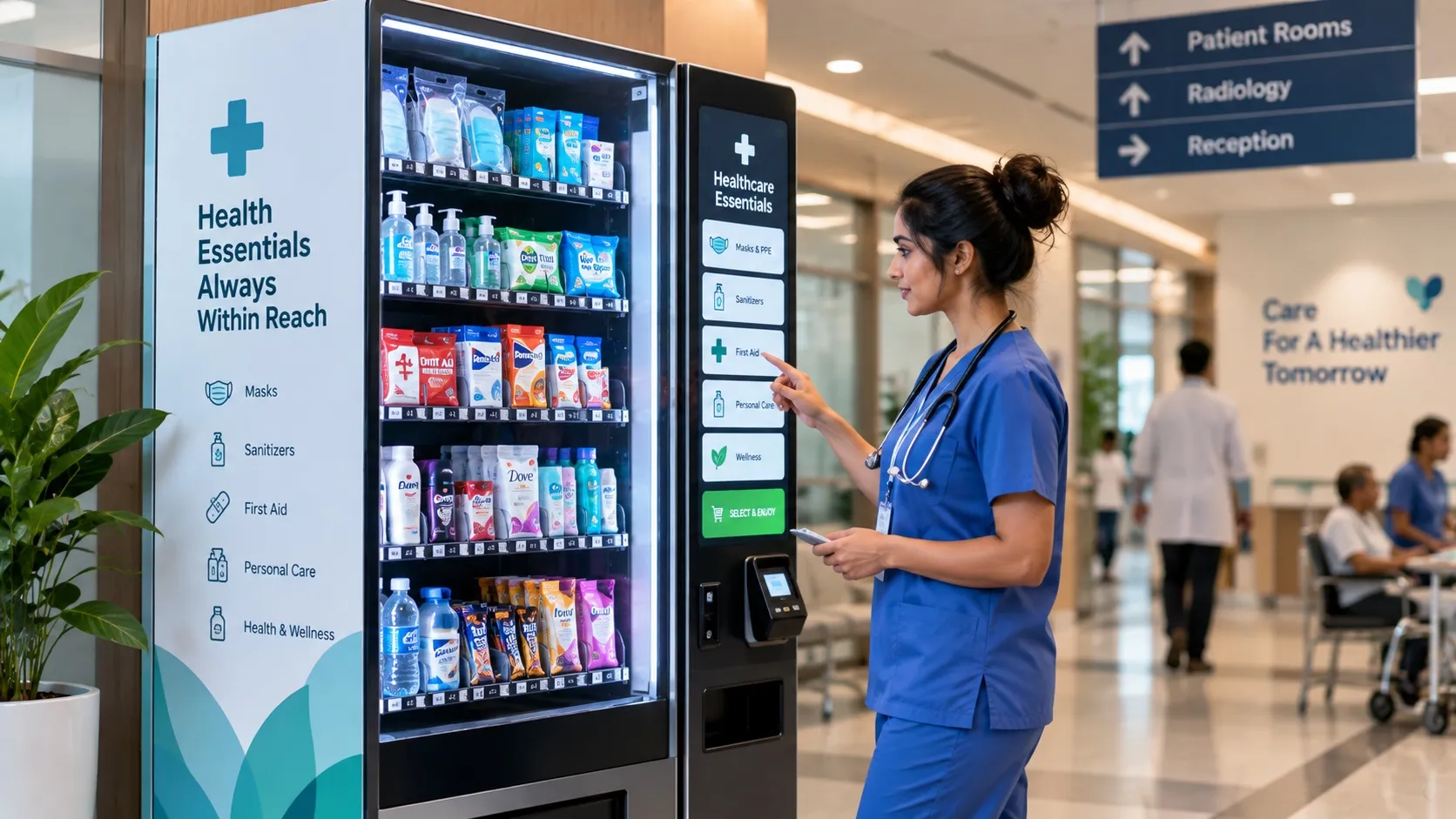 A nurse selects from a healthcare vending machine stocked with masks, sanitisers and first-aid items in a hospital corridor.