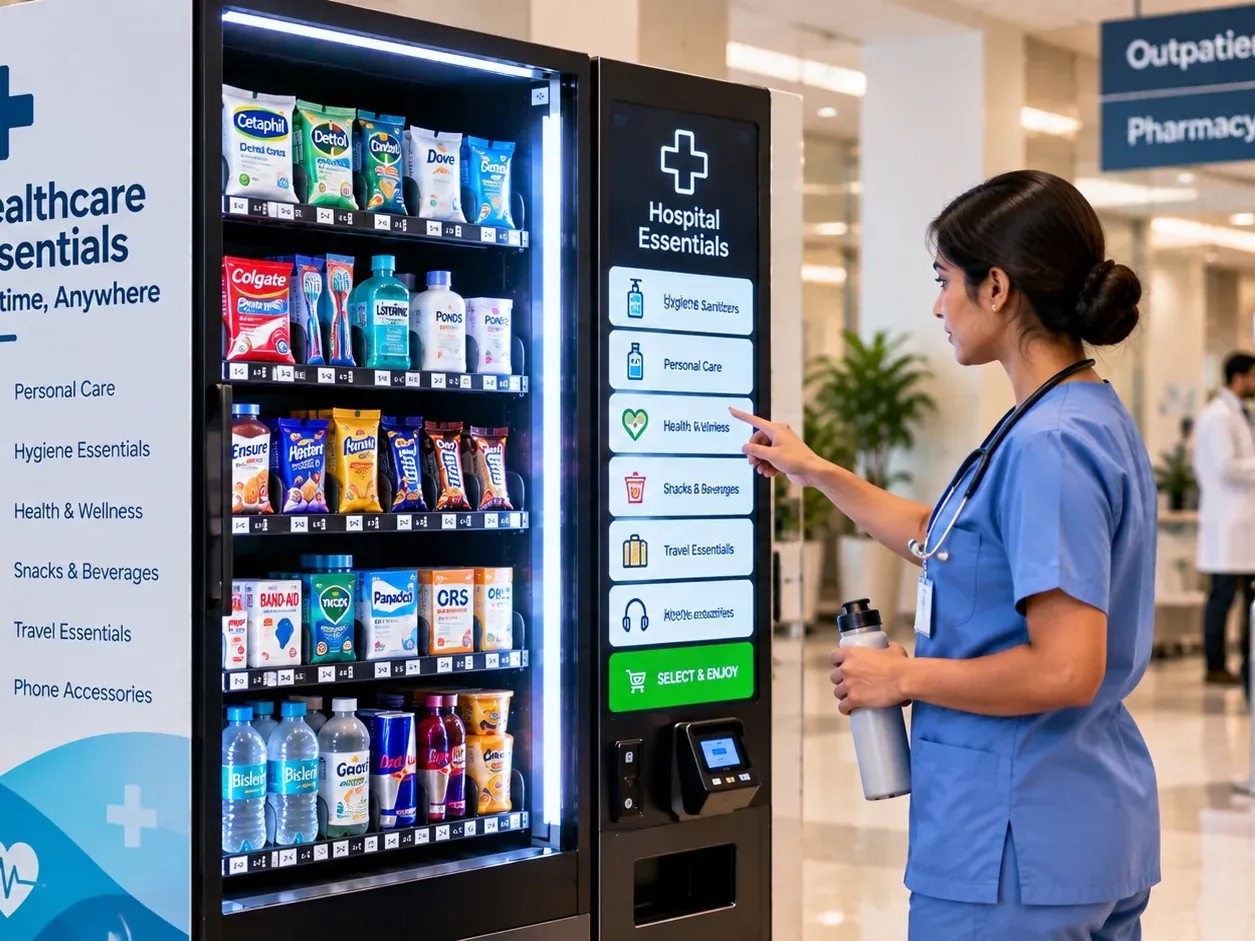A nurse uses the touchscreen of a hospital-essentials vending machine with personal care, hygiene and snack items.