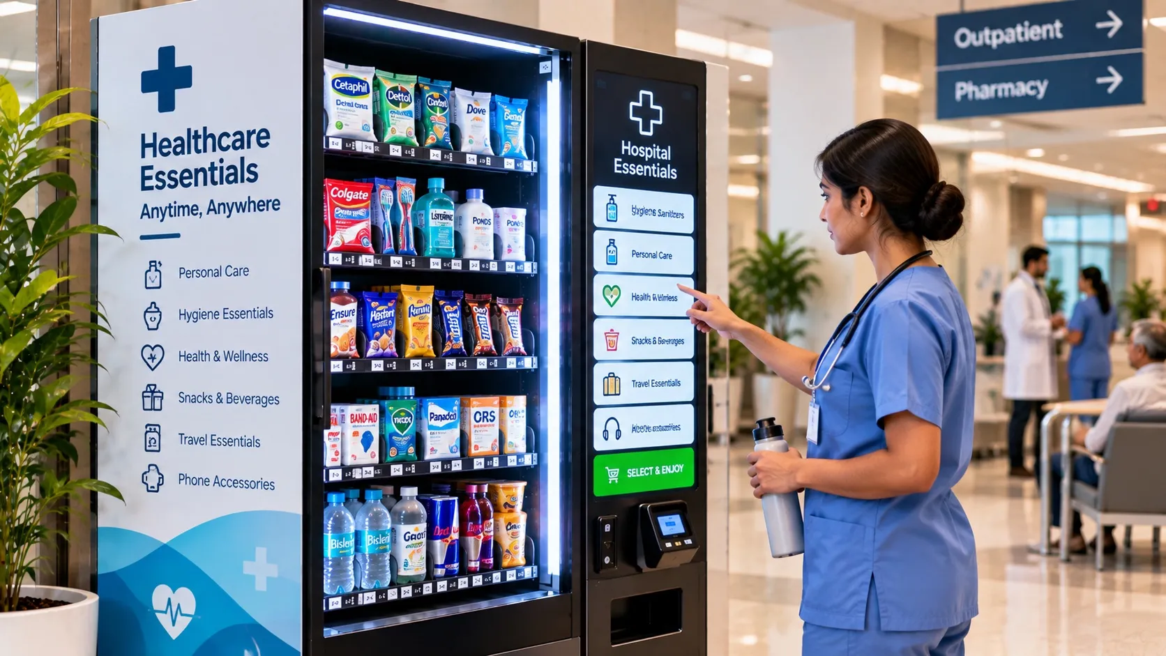 A nurse uses the touchscreen of a hospital-essentials vending machine with personal care, hygiene and snack items.