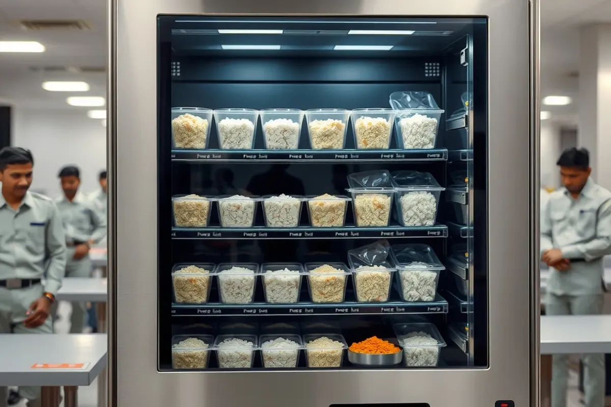 Hot meal vending machine with sealed ready-meal trays in an Indian factory canteen