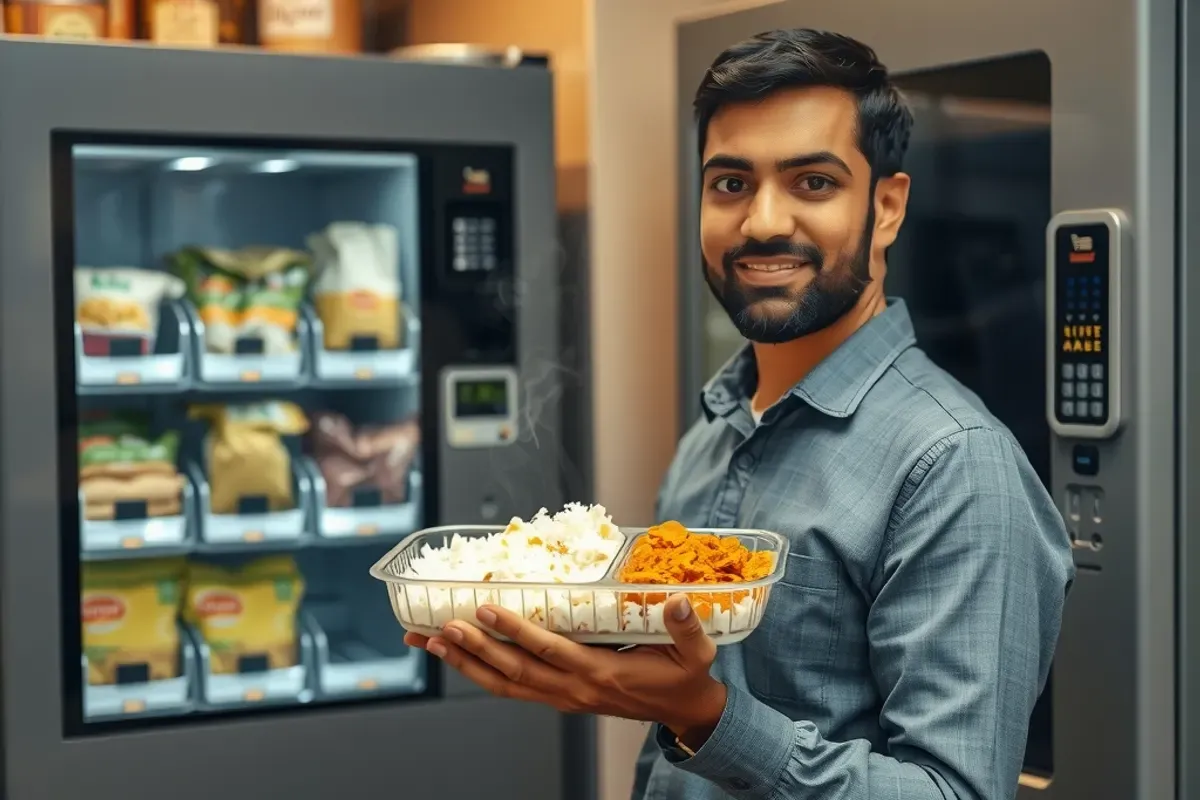 Indian office employee holding a hot meal tray beside a meal vending machine in a corporate pantry