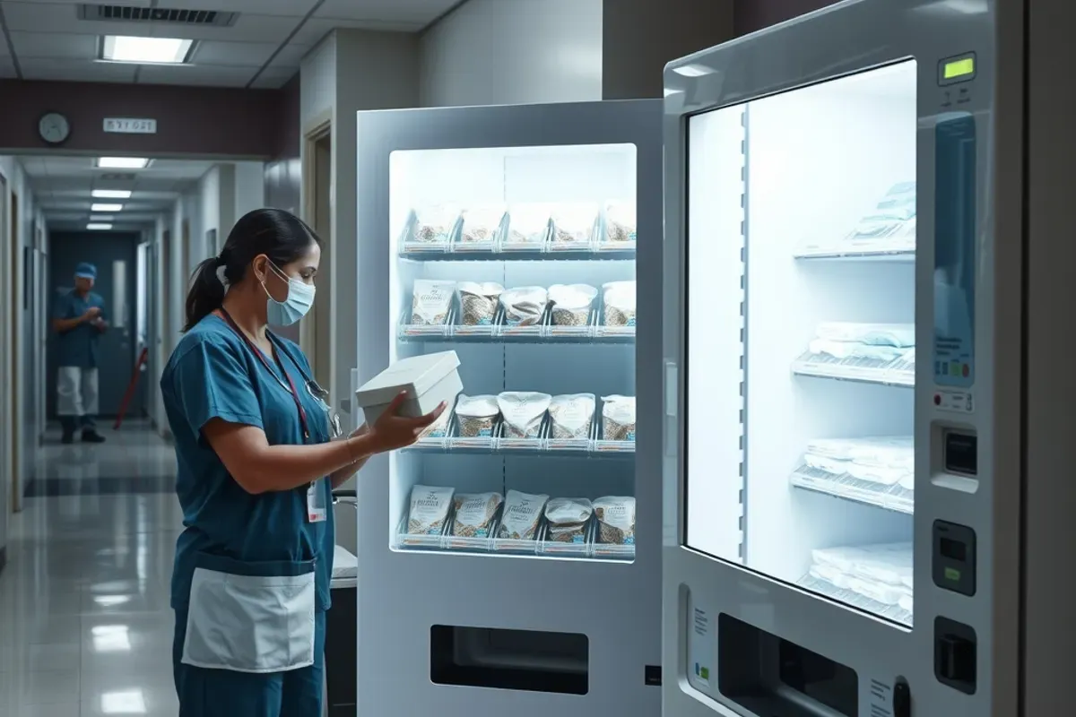 Nurse taking a packed meal from a meal vending machine in a quiet Indian hospital corridor