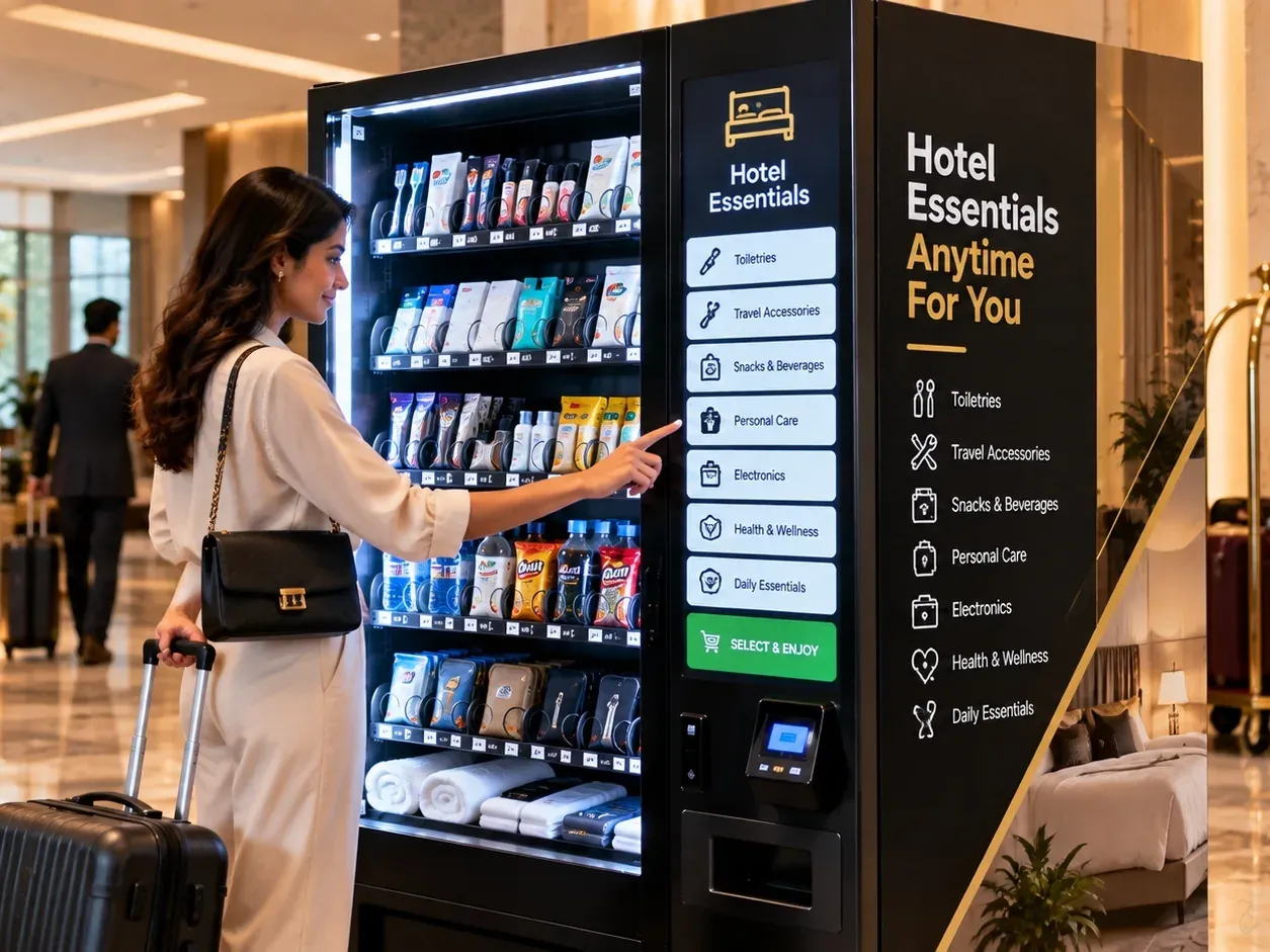 A hotel guest with a suitcase selects toiletries and travel items from a lobby vending machine.