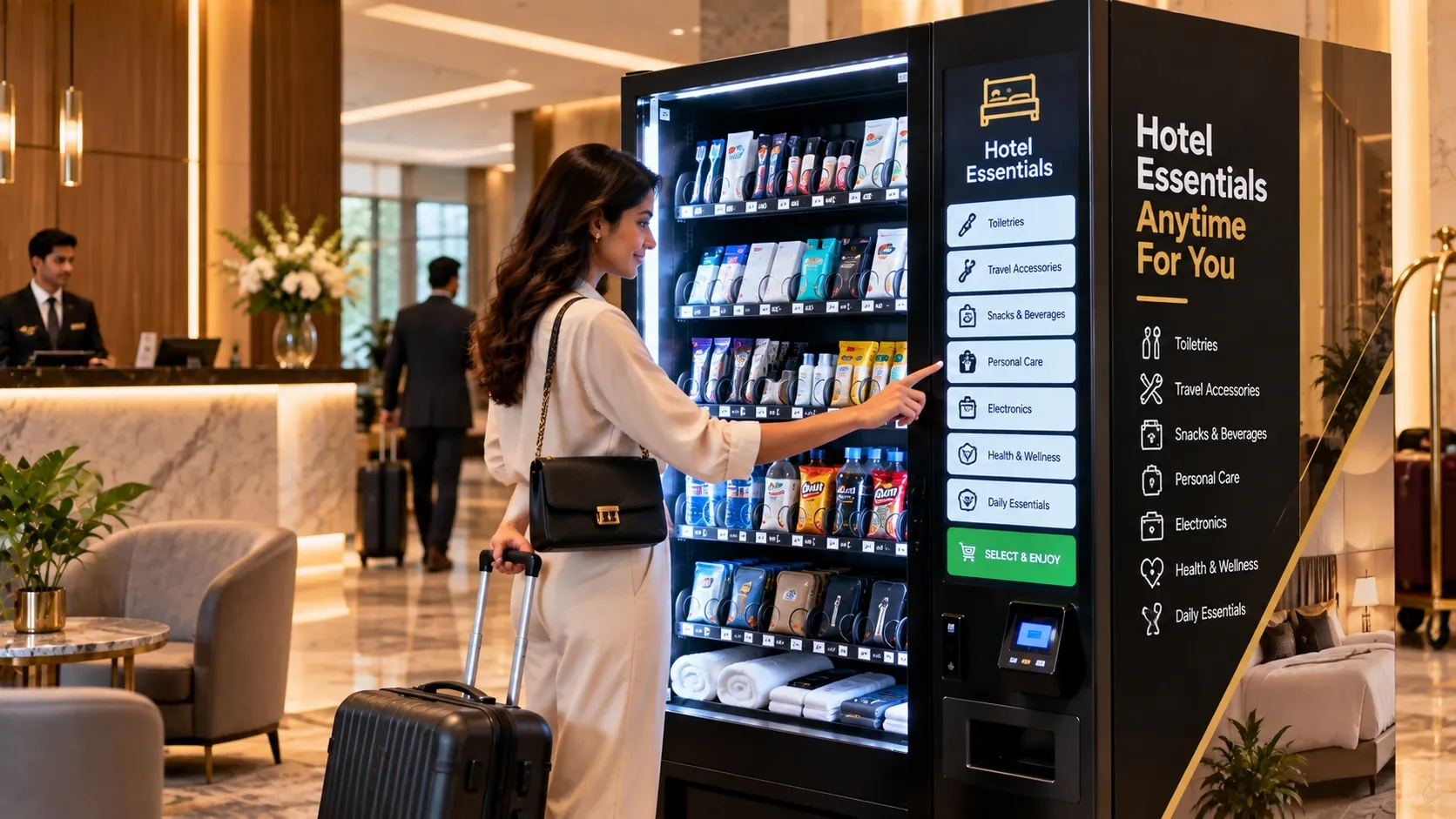 A hotel guest with a suitcase selects toiletries and travel items from a lobby vending machine.