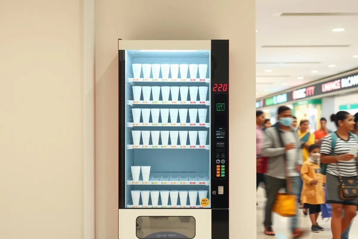 Ice cream vending machine stocked with frozen cups beside a busy Indian shopping mall corridor