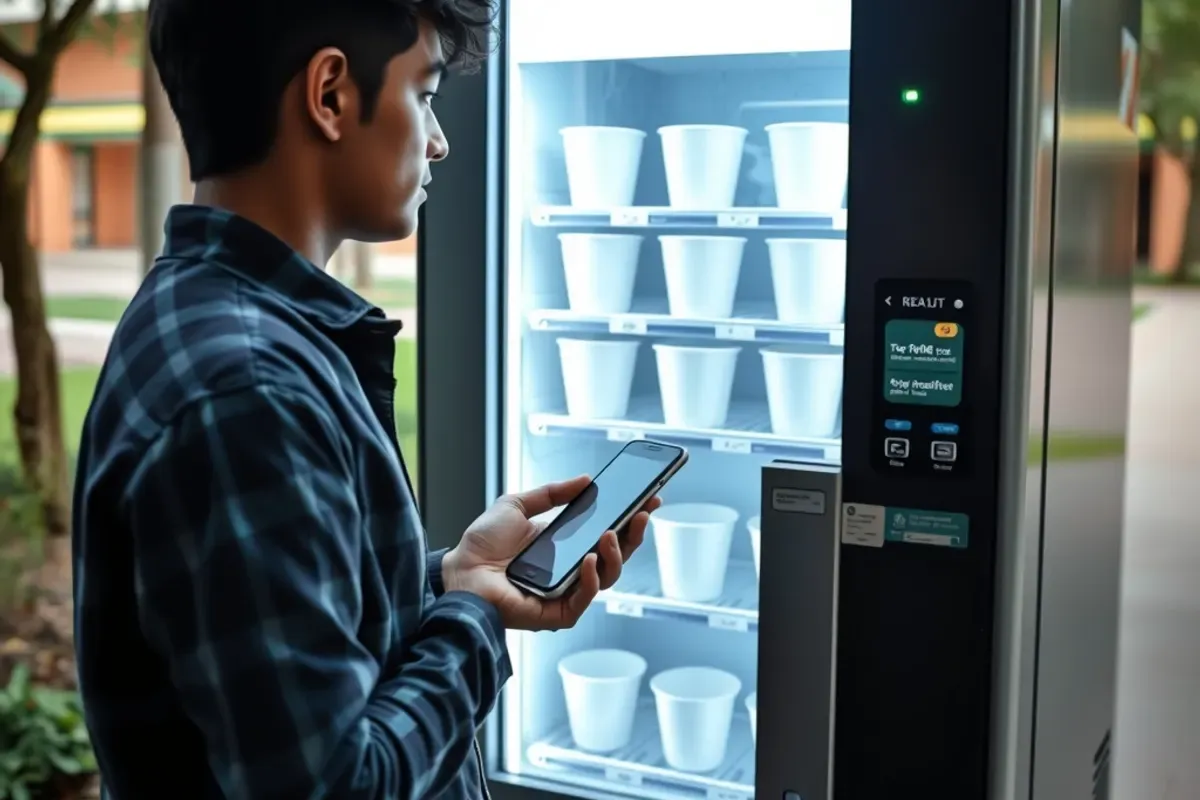 Indian student paying by phone at a frozen dessert vending machine on a green college campus