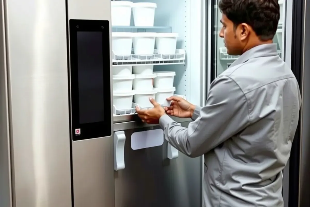 Technician restocking sealed ice cream tubs into a freezer vending machine