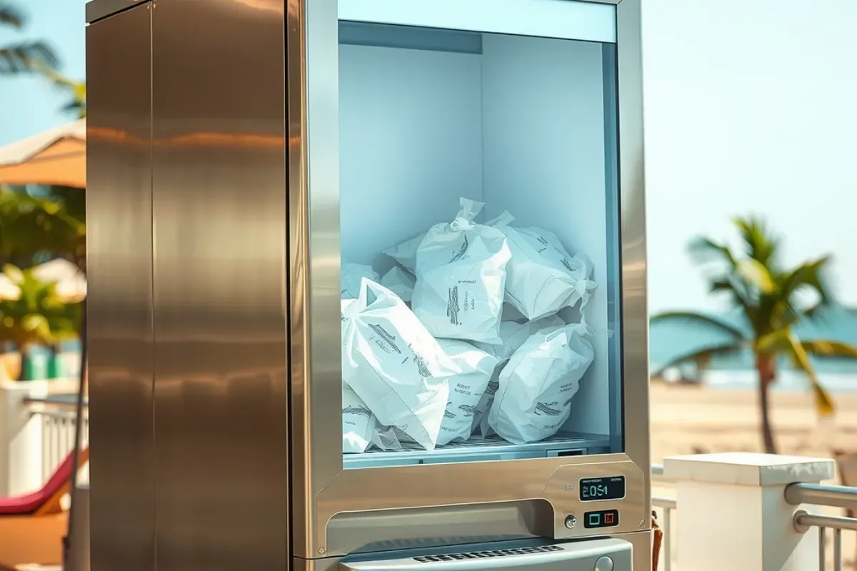 Ice vending machine with bagged ice cubes under a shaded canopy at an Indian beach resort