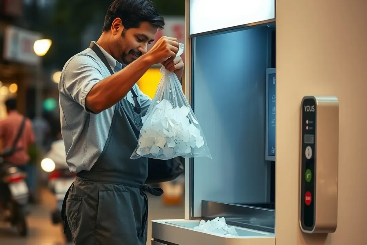 Food stall worker lifting a bag of ice cubes from the collection tray of an ice vending machine on an Indian food street