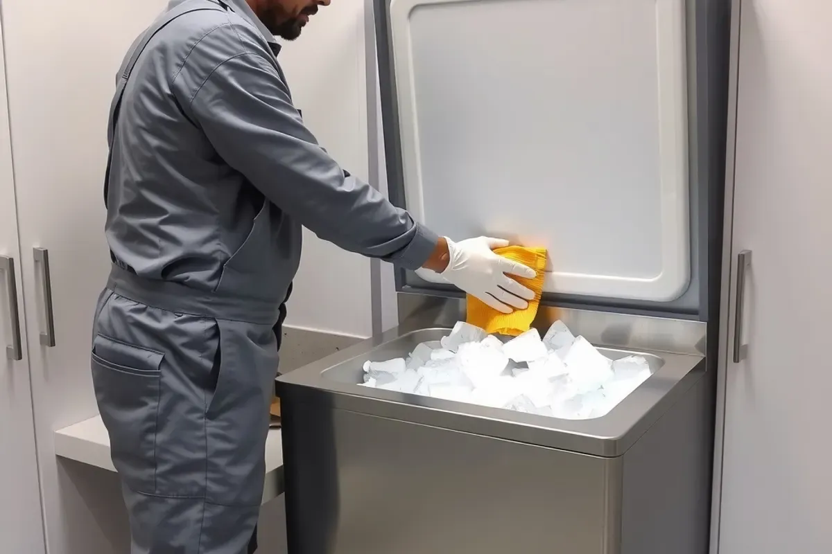Gloved technician wiping the stainless steel ice storage bin of an ice-making vending machine in a hotel utility room