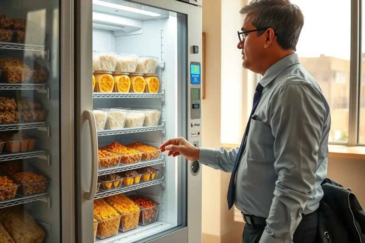Office worker choosing a packed meal from a chilled vending machine in a bright pantry