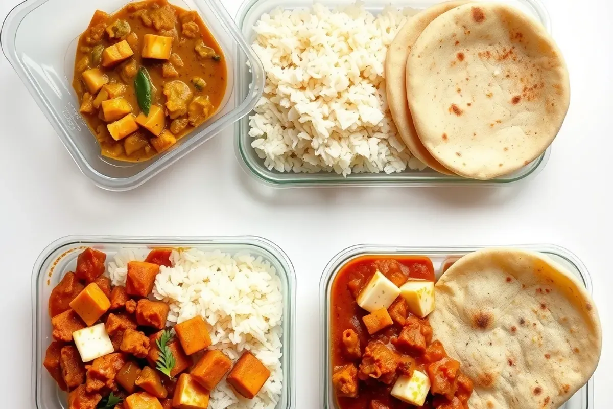 Sealed trays of dal, rice, paneer curry and roti ready to stock in an Indian meal vending machine