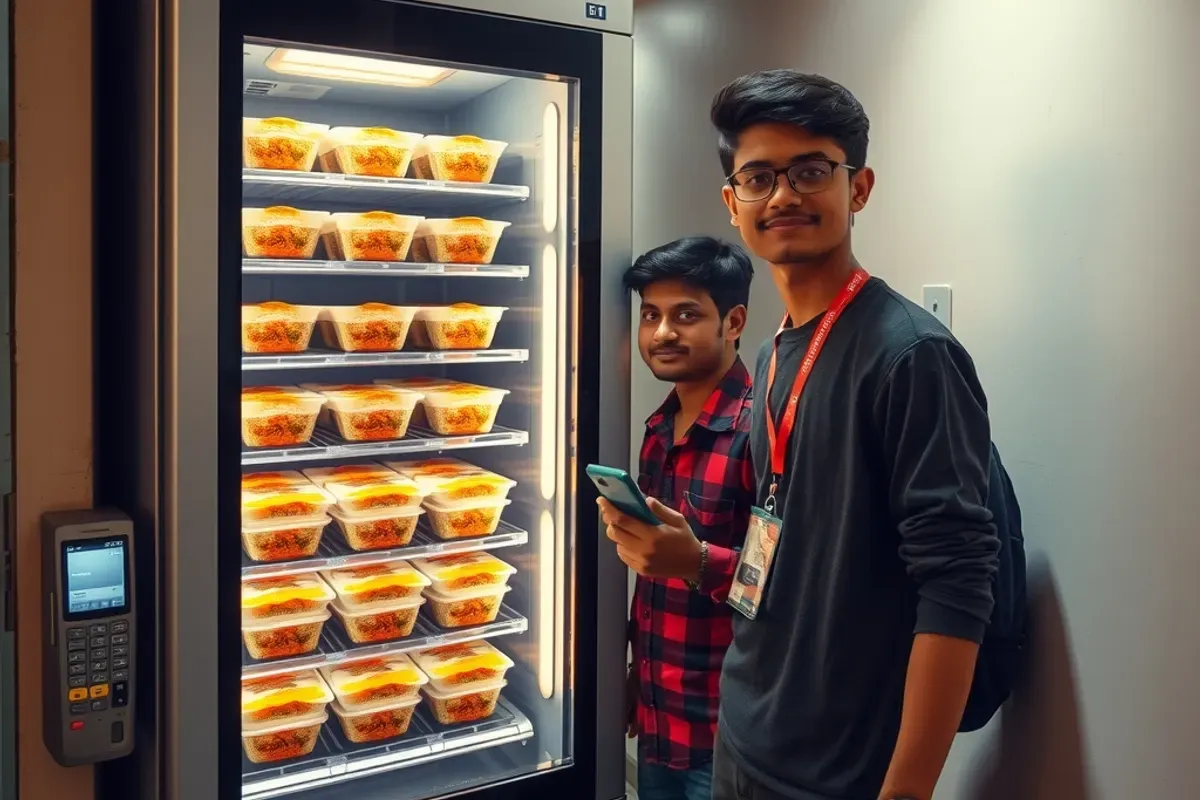 Students at a hostel using an Indian meal vending machine stocked with sealed rice and curry trays