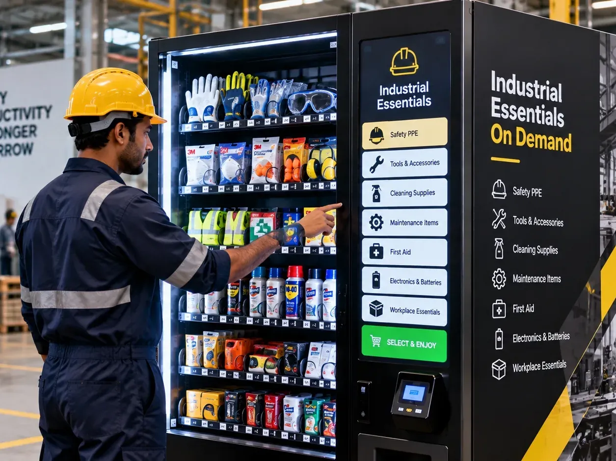 A factory worker in a hard hat selects safety gloves and goggles from an industrial-essentials vending machine on the shop floor.