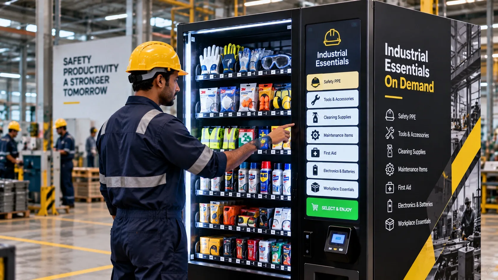 A factory worker in a hard hat selects safety gloves and goggles from an industrial-essentials vending machine on the shop floor.