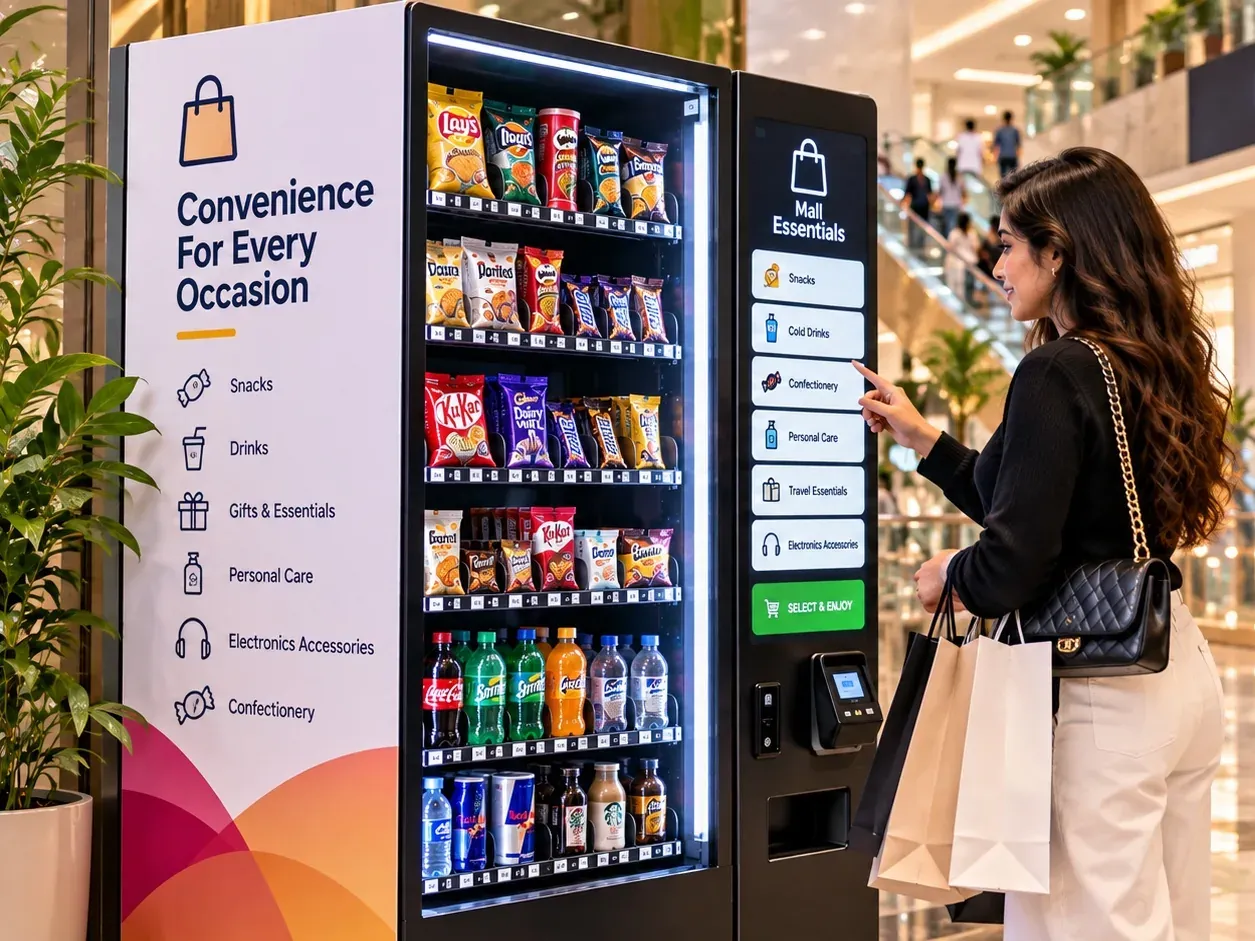 A shopper with bags taps the touchscreen of a mall vending machine filled with snacks and cold drinks.