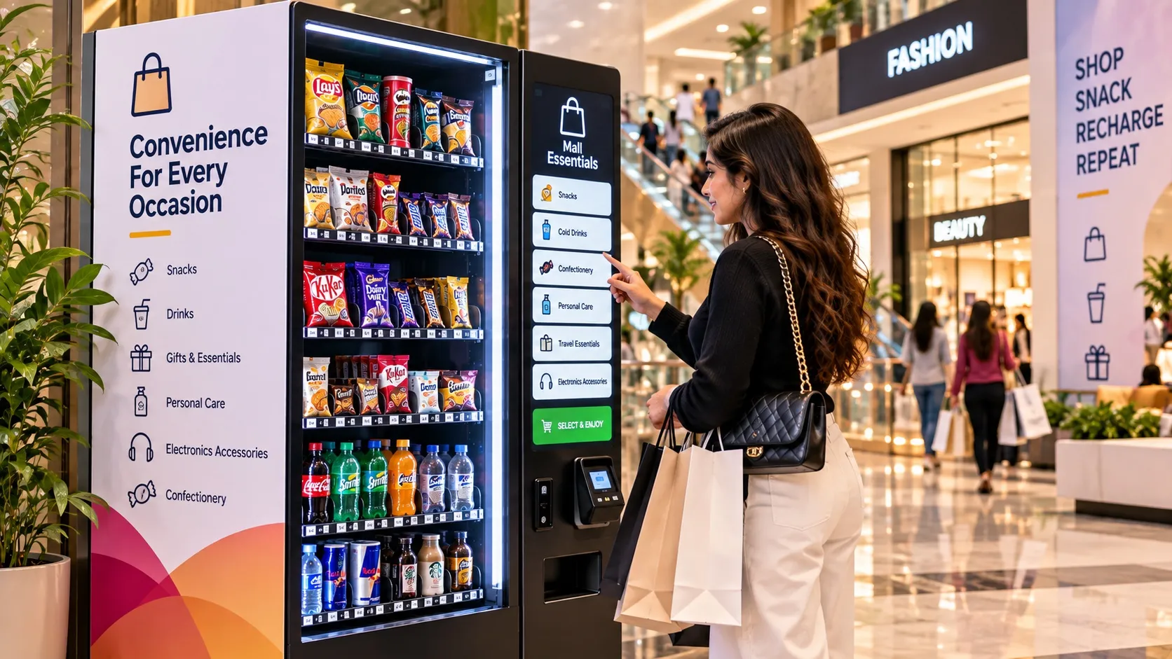 A shopper with bags taps the touchscreen of a mall vending machine filled with snacks and cold drinks.