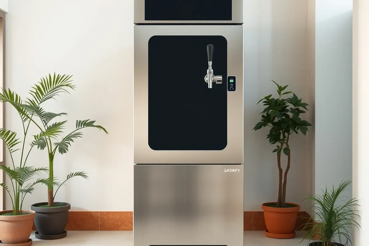 A modern milk vending machine installed in the lobby of an Indian housing society