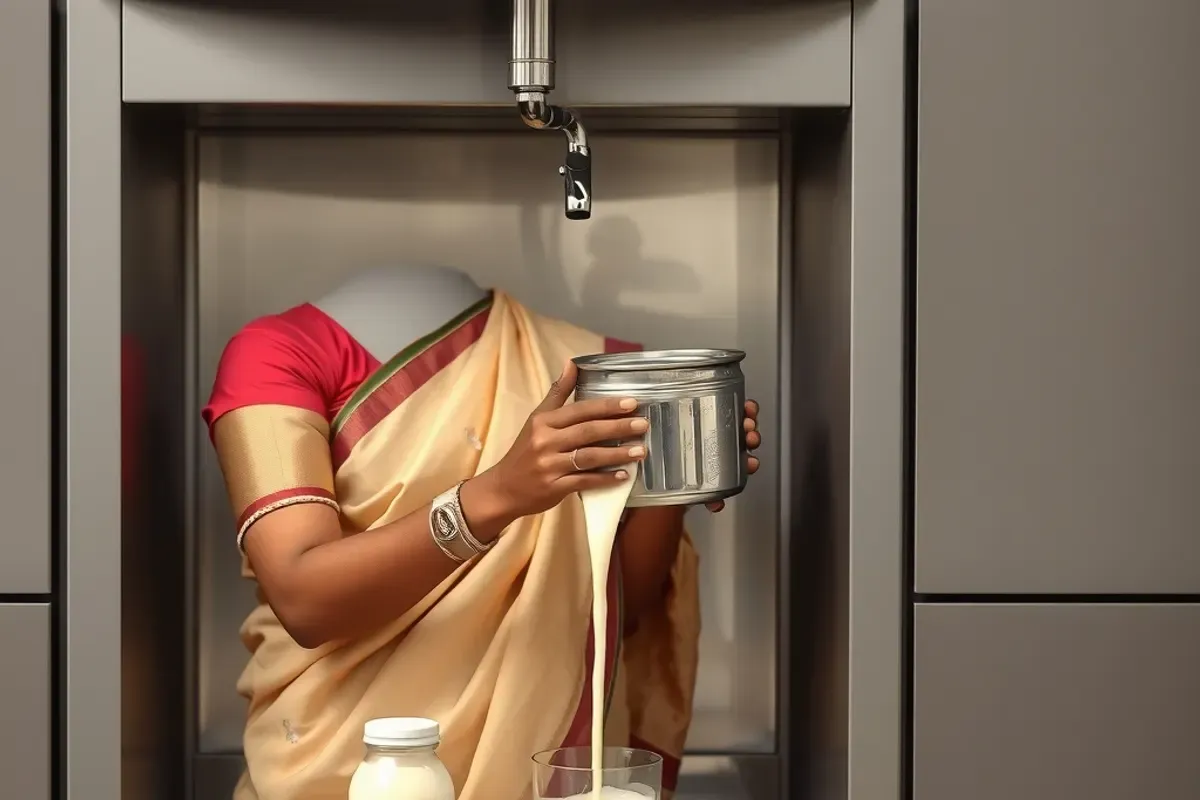 An Indian resident filling a steel container from a milk vending machine in a housing society