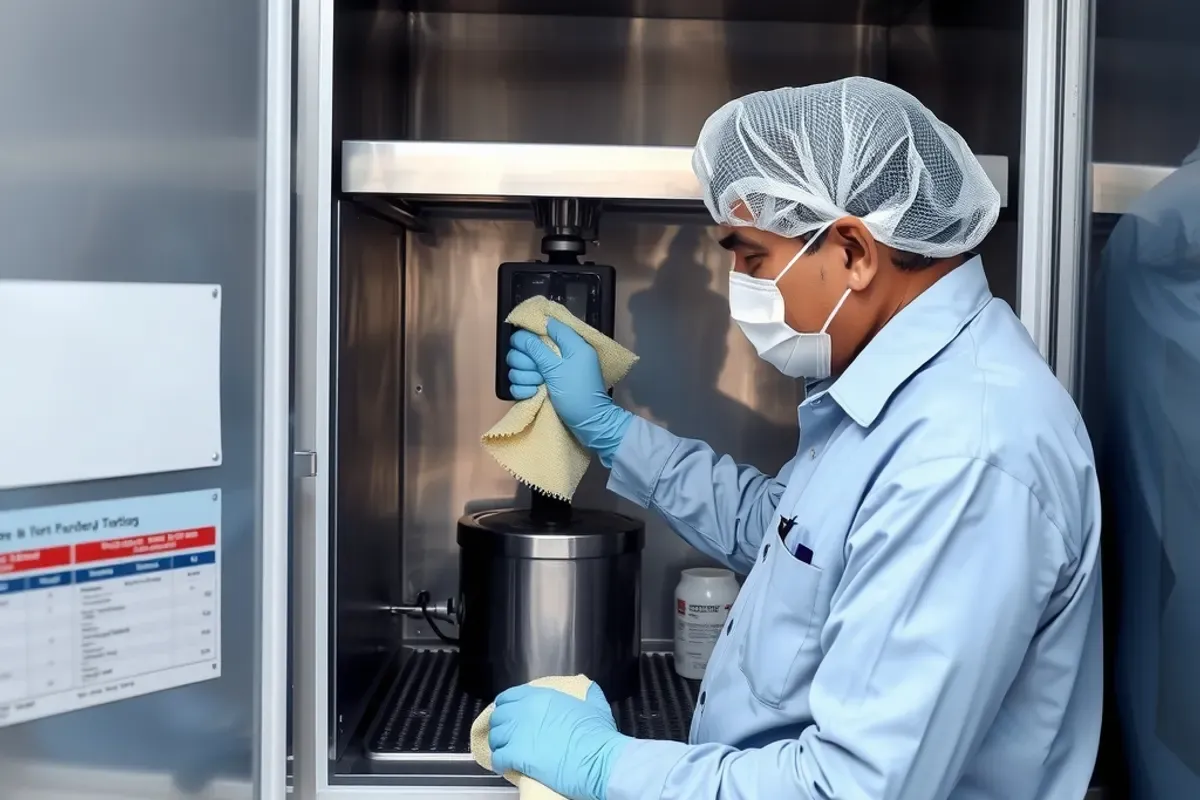 A technician cleaning the inside of a milk vending machine in an Indian office utility room