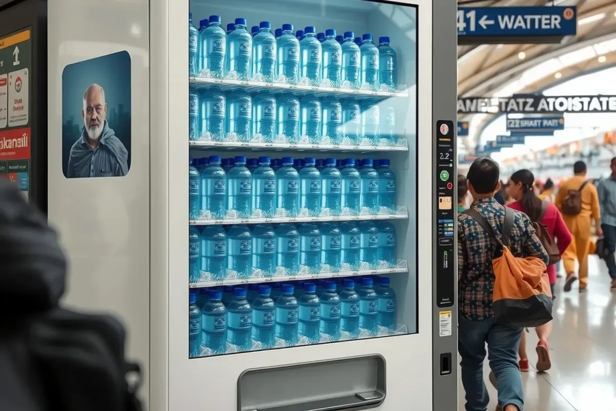 A mineral water bottle machine on a busy Indian railway station concourse with plain bottles behind glass