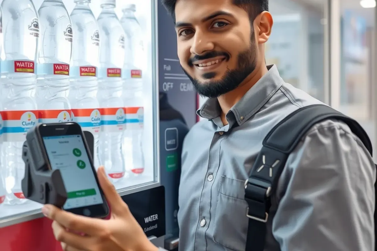 Office worker paying by phone at a water bottle vending machine in an Indian office pantry