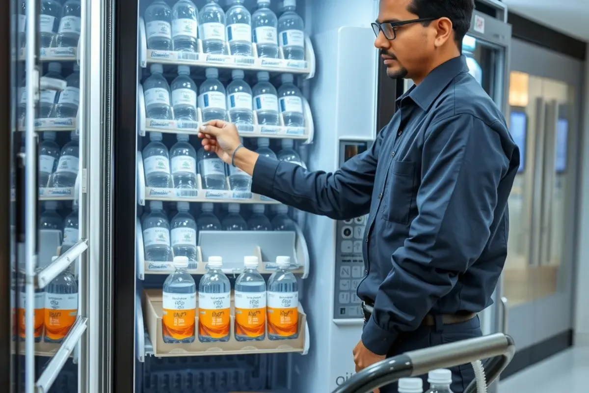Technician restocking a mineral water bottle machine with sealed plain bottles in an Indian mall corridor