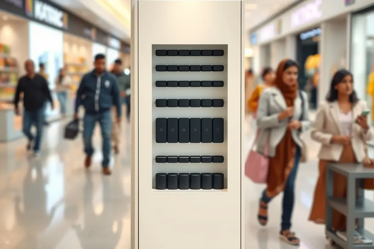 Mobile charger rental machine with a grid of power bank slots inside a busy Indian shopping mall