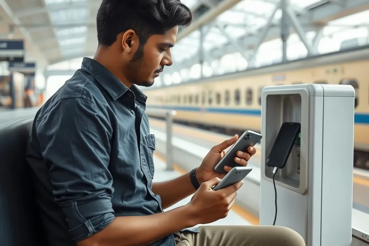 Traveller charging a phone from a rented power bank next to a charging cabinet at an Indian railway station