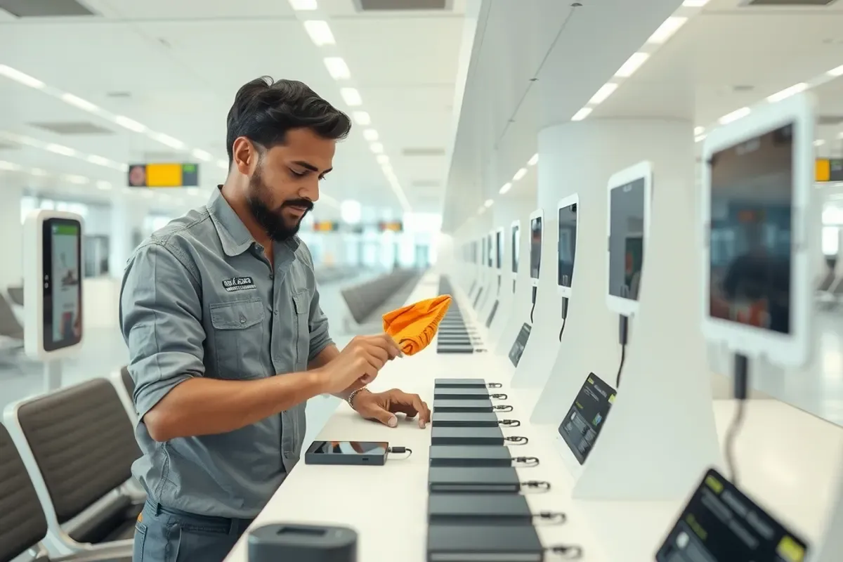 Technician cleaning and checking power banks at a charging rental station in an Indian airport lounge