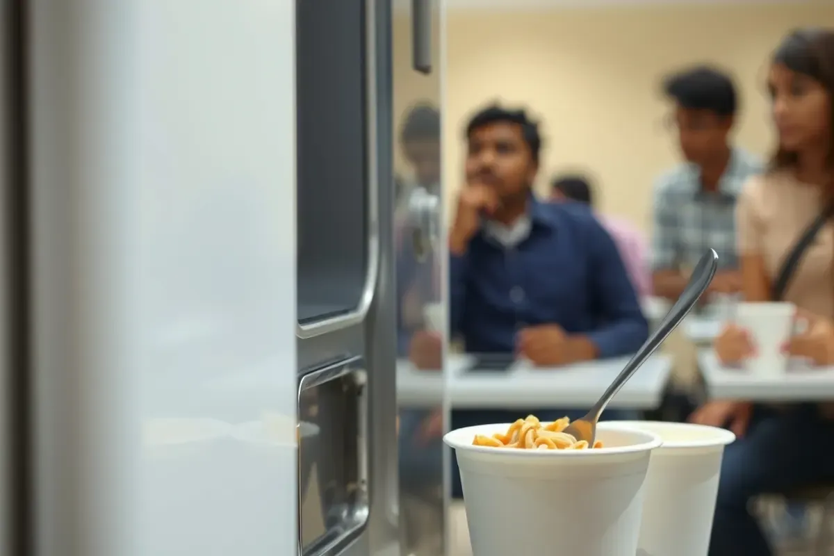 Plain white cup of hot noodles at the pickup slot of a noodle vending machine in an Indian college hostel common room