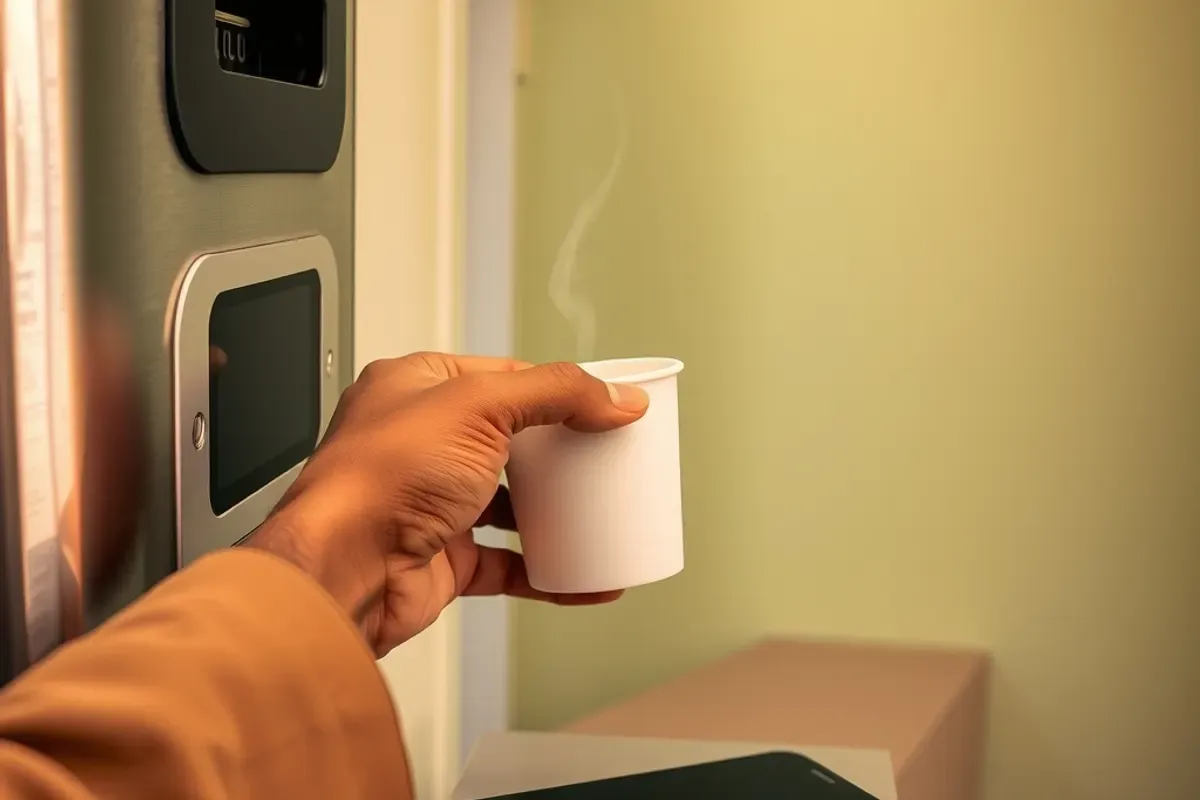 Hand taking a steaming plain white cup from the pickup slot of a stainless steel instant noodle vending machine in an Indian office