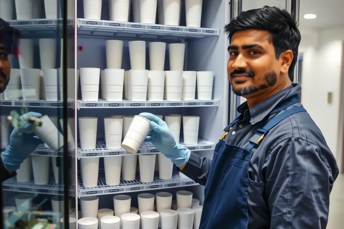 Technician in navy overalls and gloves restocking plain white sealed noodle cups inside an open noodle vending machine