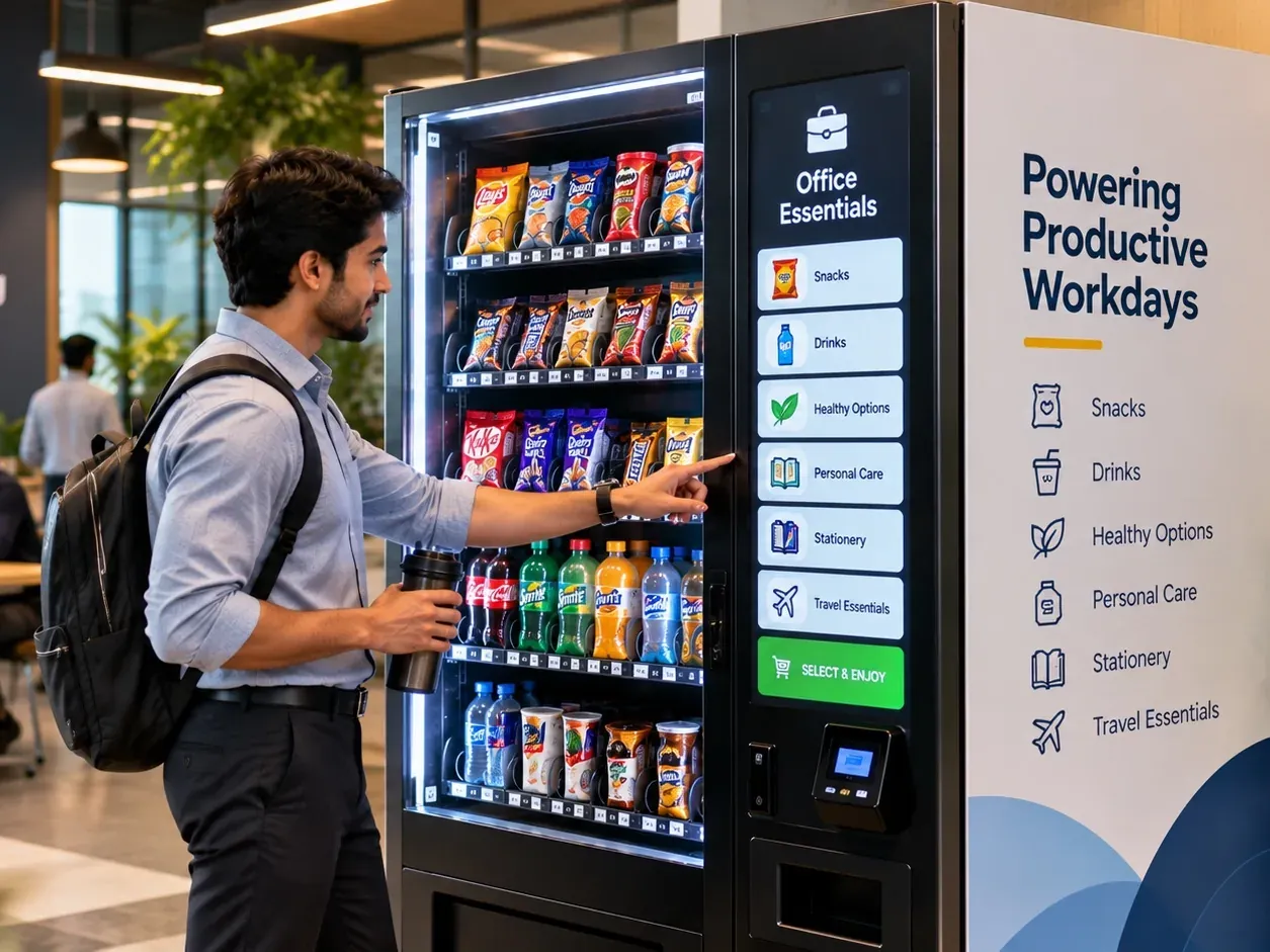 An office worker chooses from the touchscreen of a black smart vending machine stocked with snacks and drinks, with signage reading "Powering Productive Workdays".