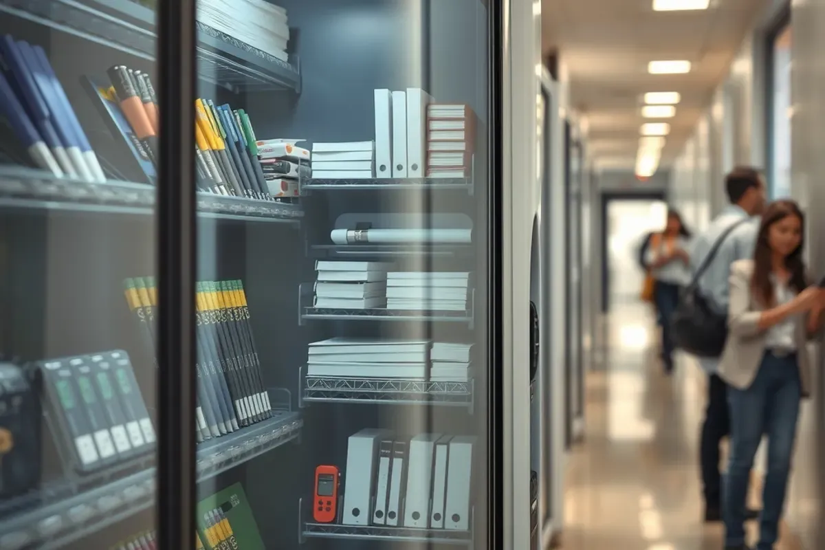 Office supplies vending machine stocked with pens, notepads and files in an Indian corporate office corridor