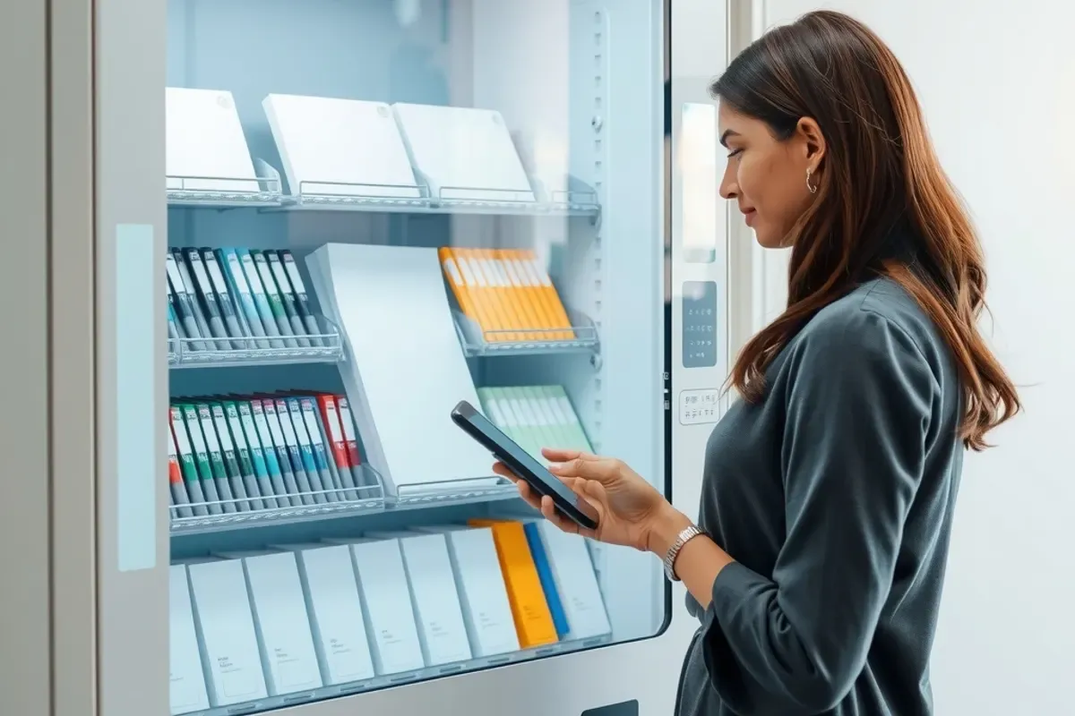 Indian office employee paying by phone at an office supplies vending machine with stationery shelves