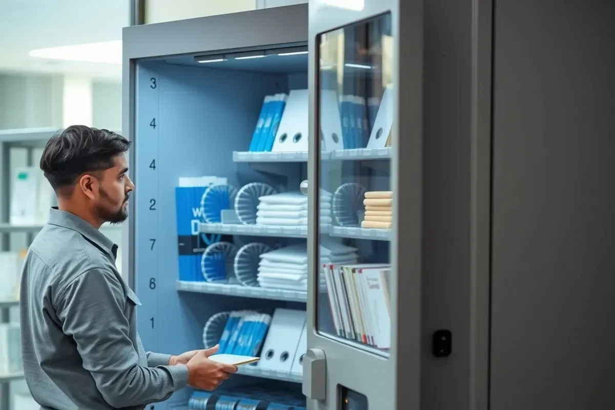 Facility staff restocking an office supplies vending machine with pens and notebooks in an Indian office lobby