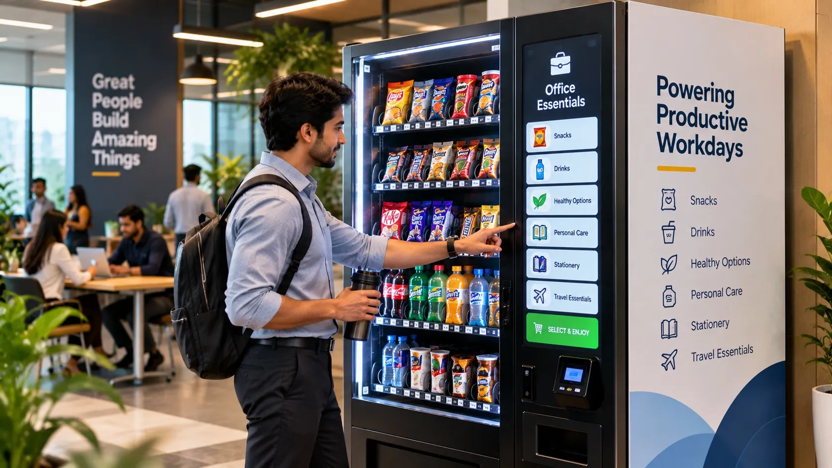 An office worker chooses from the touchscreen of a black smart vending machine stocked with snacks and drinks, with signage reading "Powering Productive Workdays".