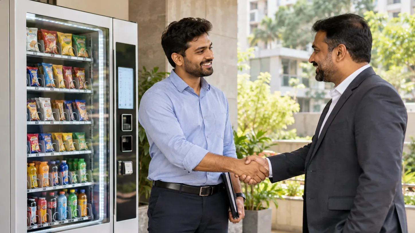 A business representative shakes hands beside a stocked vending machine in a sunlit lobby.
